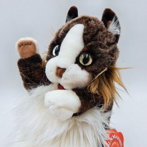 Folkmanis Cat Stage Puppet Retired Green Eyes Plush Fluffy White Brown 15 In Tag - Picture 3 of 10